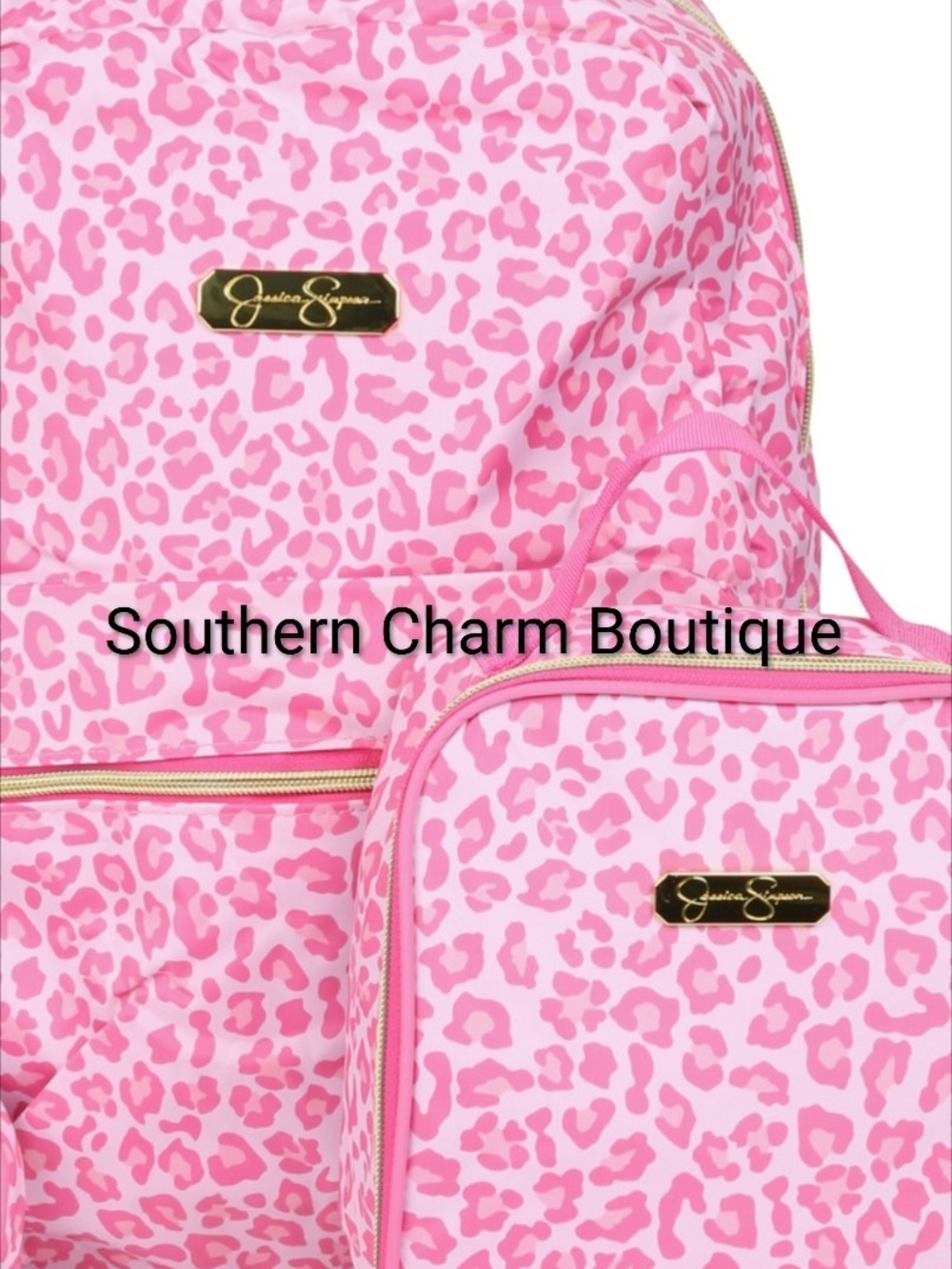 Jessica Simpson Pink Leopard Print Backpack, Lunch Bag, Coin Purse Set.